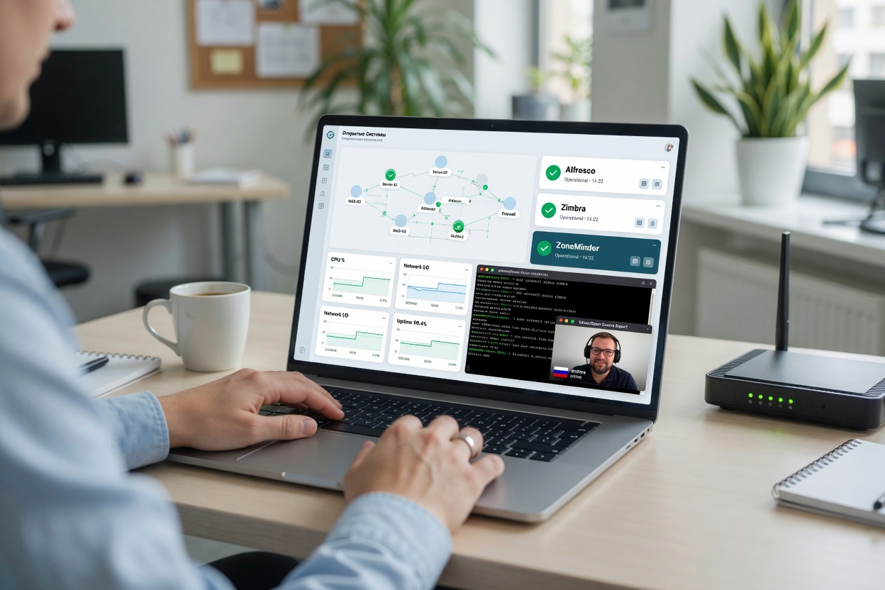 Photographic close-up of a minimalist SMB workstation: laptop displaying a clean remote admin dashboard