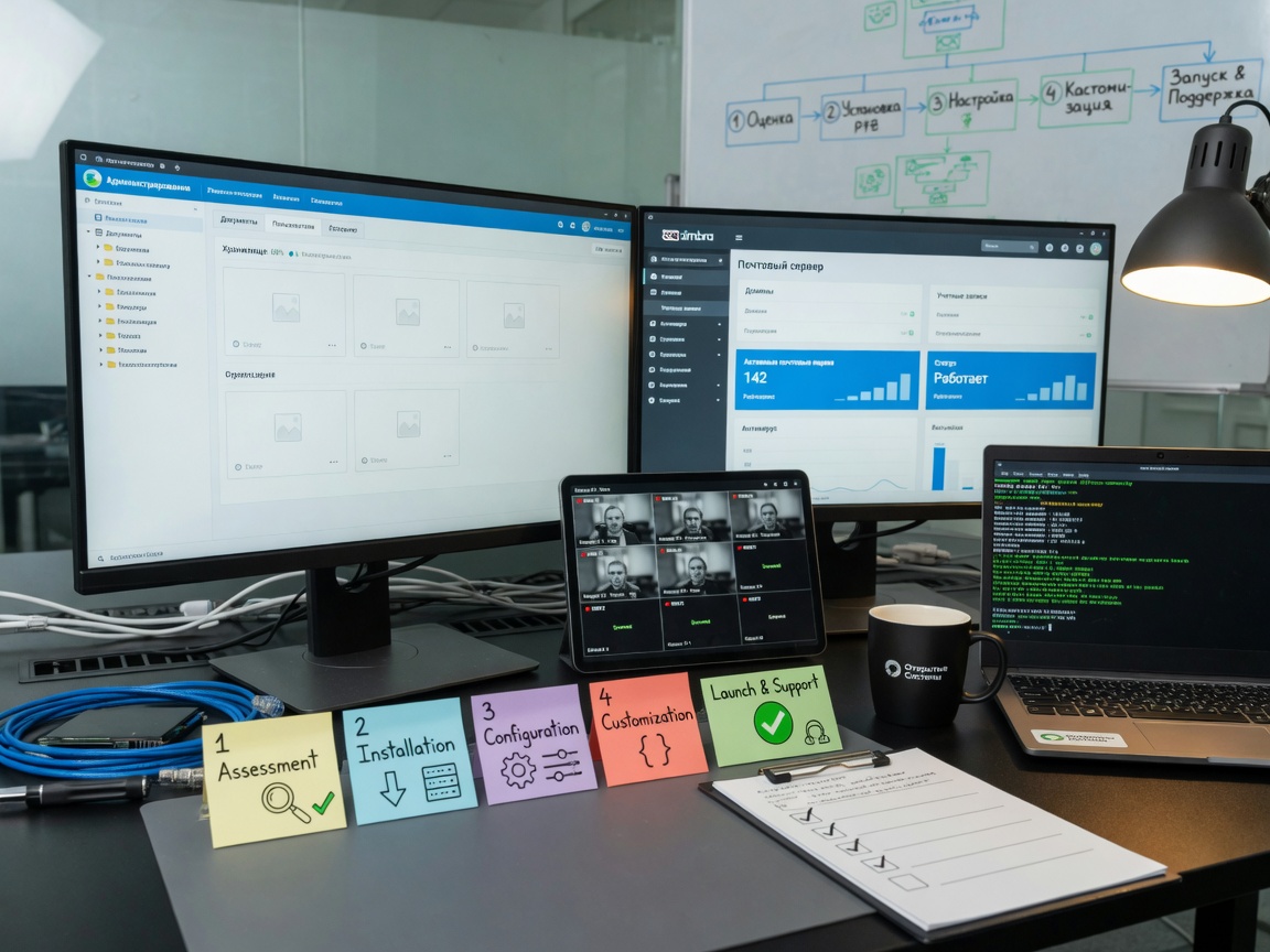 Photographic IT desk with four-step Open Source rollout and screens hinting Alfresco, Zimbra, ZoneMinder,