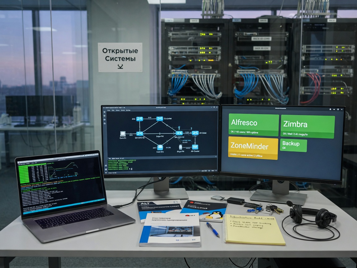 Photographic scene of a Linux admin’s multi-monitor desk with terminals, network diagram, and Alfresco/Zimbra/ZoneMinder