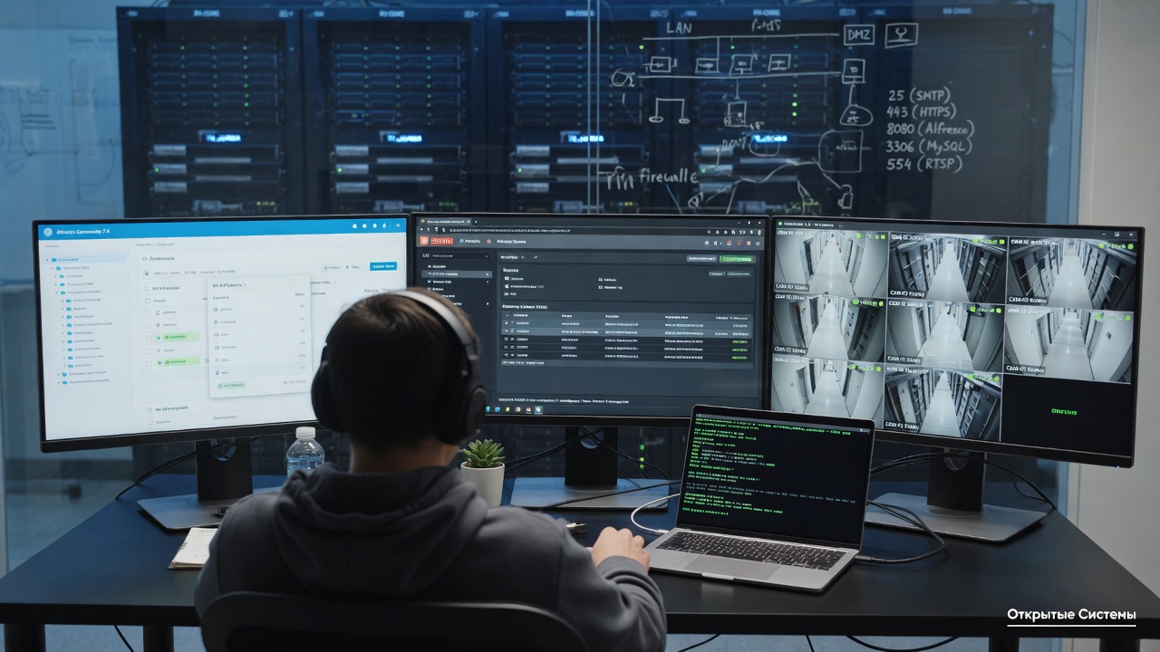 Photorealistic server room scene: an admin from behind monitors Alfresco, Zimbra, and ZoneMinder dashboards