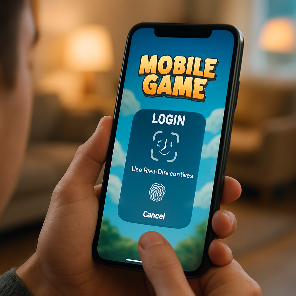 A smartphone displaying a biometric login screen for a mobile game, emphasizing user authentication