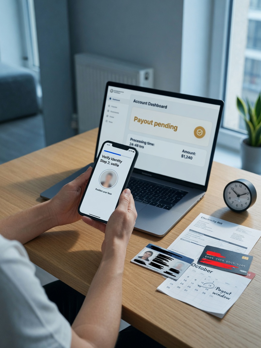 Крупный план: пользователь проходит KYC на the site — смартфон со съемкой селфи, ноутбук