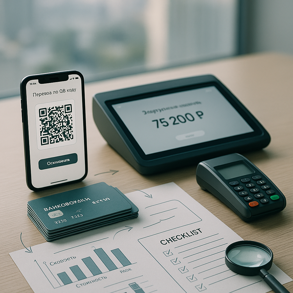 Стол финтех-офиса: смартфон с QR-кодом оплаты (СБП), стопка безымянных банковских карт с кириллицей, планшет