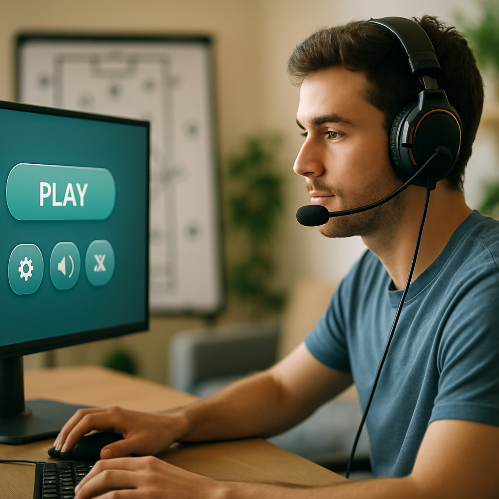A gamer using a straightforward user interface, showcasing focused engagement and clarity, surrounded by