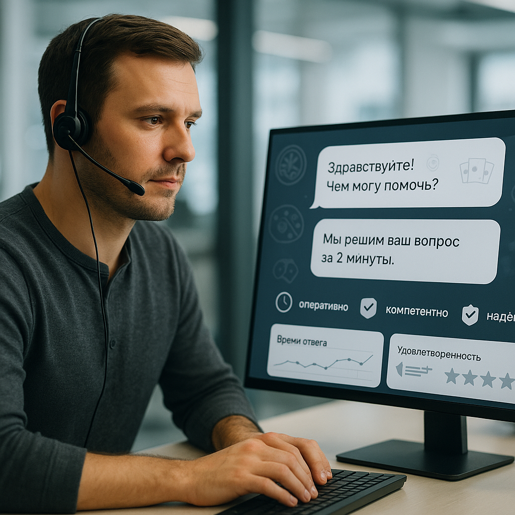 Russian-speaking support agent with a headset at a modern desk, chat in Russian visible