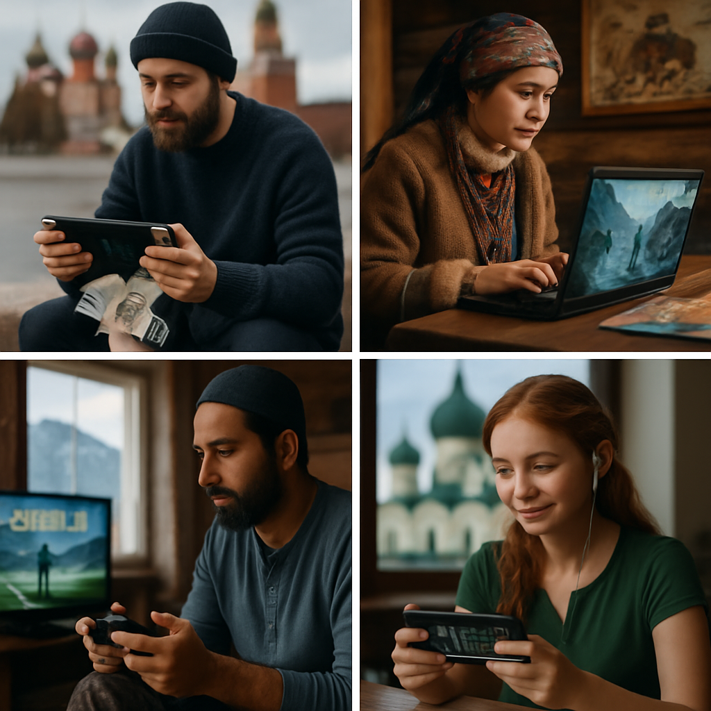 Diverse regional gamers in Russia using various gaming platforms in unique local environments.